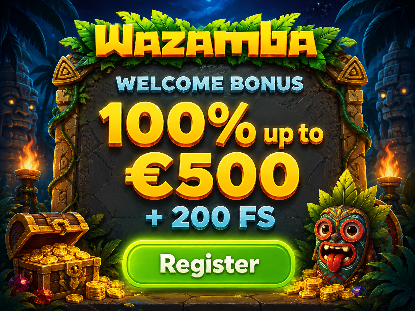 Illustration einer Schatztruhe, die den Wazamba-Willkommensbonus und Freispiele in Deutschland repräsentiert