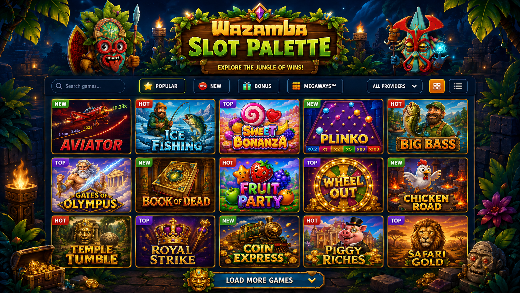 Stilisiertes Raster von Wazamba-Slot- und Live-Game-Kacheln